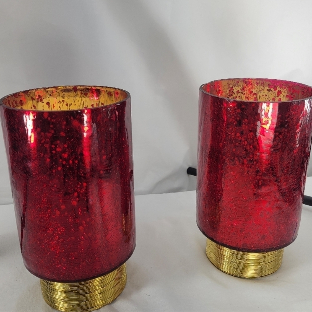 Red Glass Candle Holders with Gold Base New With Tags